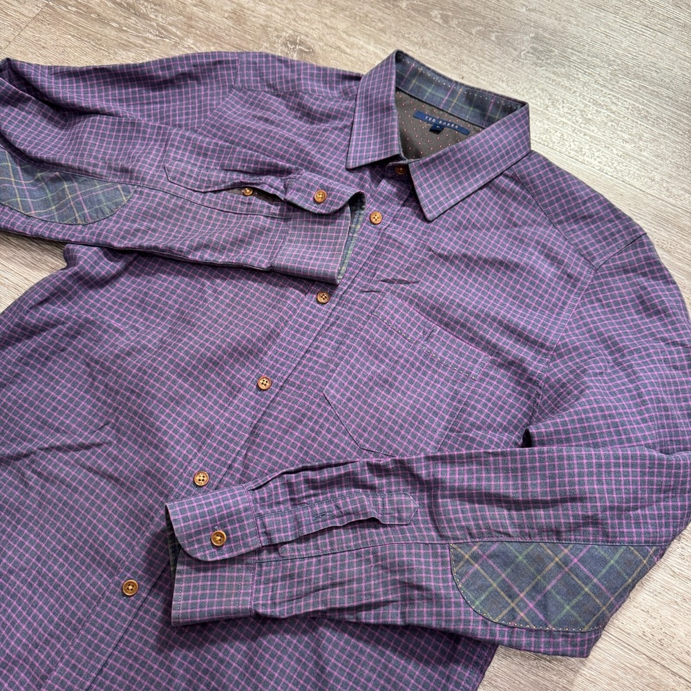 Ted Baker Shirt Mens 16 Purple Green Micro Check Cotton Elbow Patch Button Down